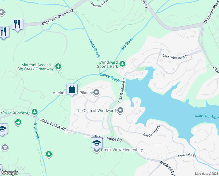 map of restaurants, bars, coffee shops, grocery stores, and more near 6225 Pin Oak Lane in Alpharetta