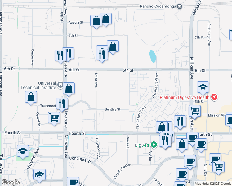 map of restaurants, bars, coffee shops, grocery stores, and more near 10801 6th Street in Rancho Cucamonga