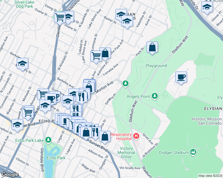 map of restaurants, bars, coffee shops, grocery stores, and more near 1710 Morton Avenue in Los Angeles