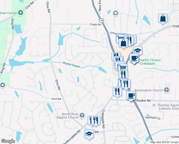 map of restaurants, bars, coffee shops, grocery stores, and more near 12370 Edenwilde Drive in Roswell