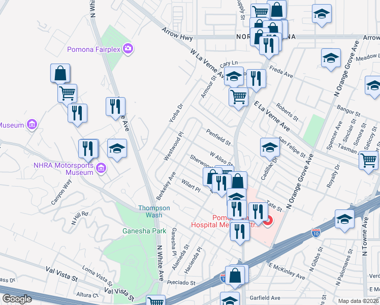map of restaurants, bars, coffee shops, grocery stores, and more near 263 Sherwood Place in Pomona