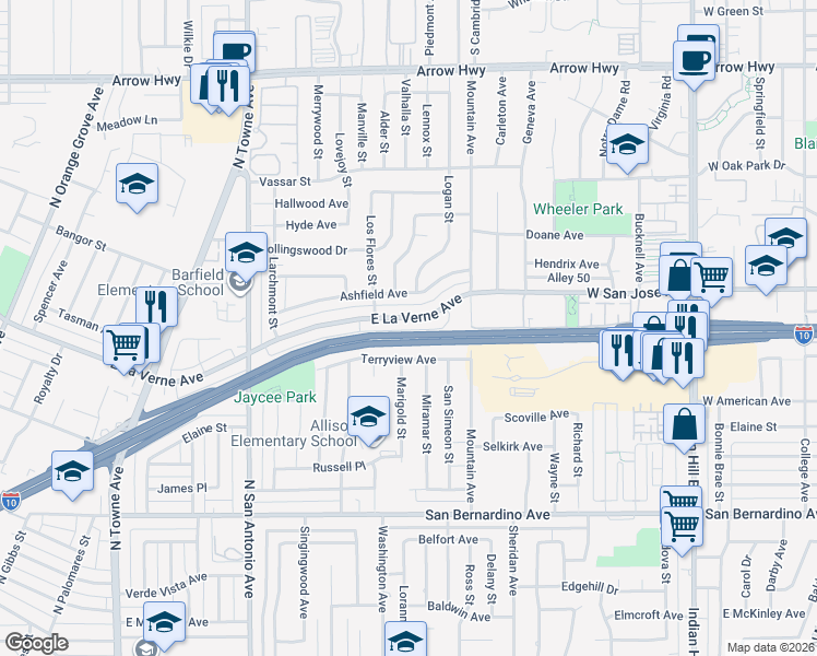 map of restaurants, bars, coffee shops, grocery stores, and more near 1064 East La Verne Avenue in Pomona