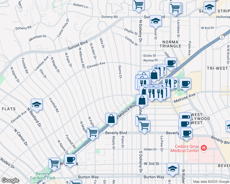 map of restaurants, bars, coffee shops, grocery stores, and more near 604 Alta Drive in Beverly Hills