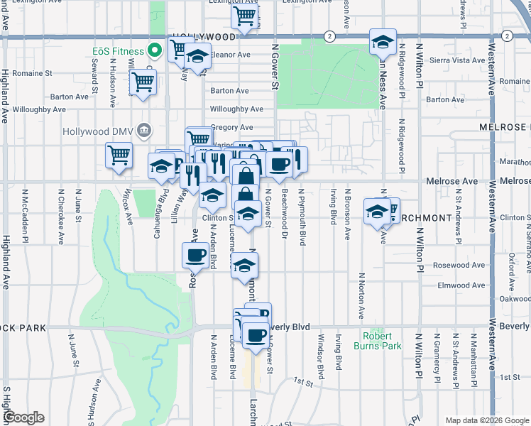 map of restaurants, bars, coffee shops, grocery stores, and more near 589 North Gower Street in Los Angeles