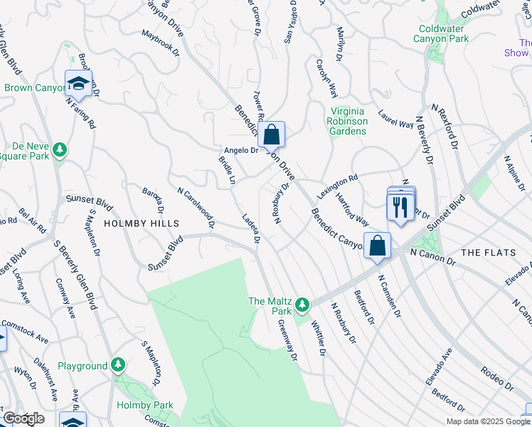 map of restaurants, bars, coffee shops, grocery stores, and more near 1013 North Roxbury Drive in Beverly Hills