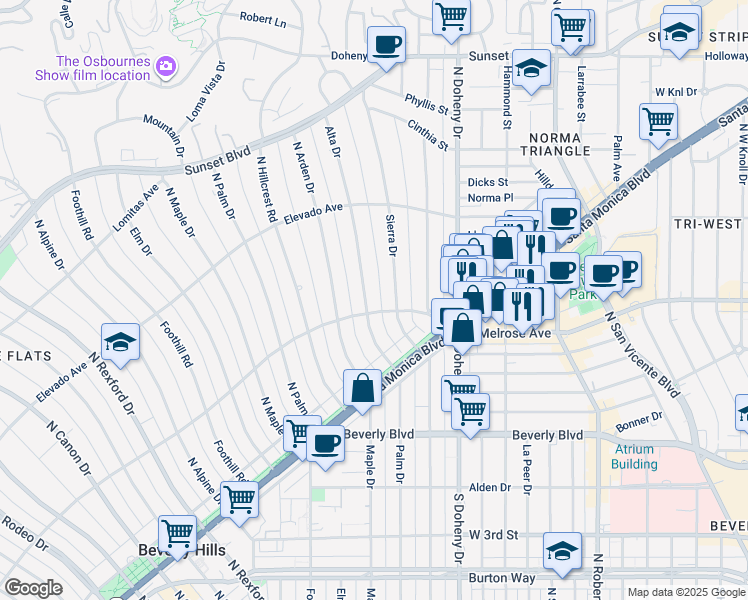 map of restaurants, bars, coffee shops, grocery stores, and more near 604 Alta Drive in Beverly Hills
