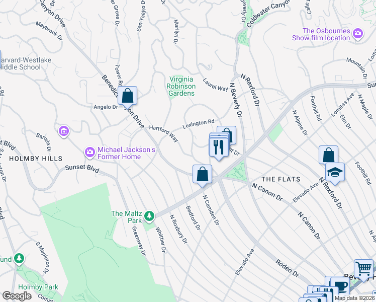 map of restaurants, bars, coffee shops, grocery stores, and more near 901 Oxford Way in Beverly Hills