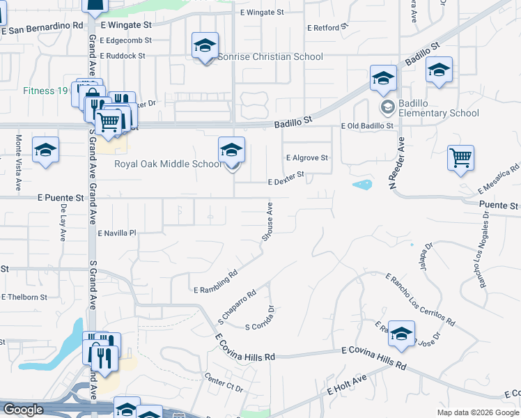 map of restaurants, bars, coffee shops, grocery stores, and more near 1355 East Level Street in Covina