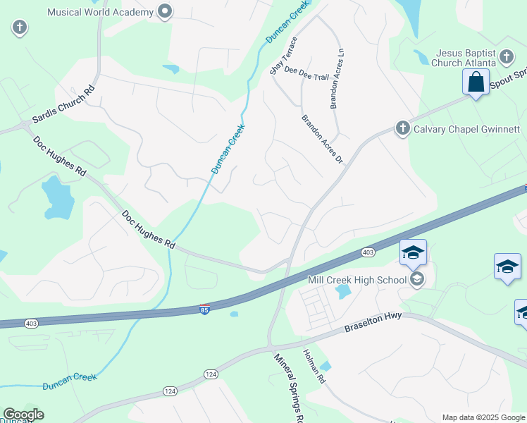 map of restaurants, bars, coffee shops, grocery stores, and more near 2249 Bender Trail in Buford