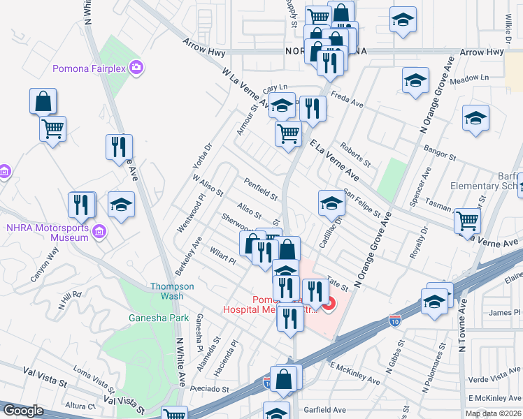 map of restaurants, bars, coffee shops, grocery stores, and more near 235 Aliso Street in Pomona