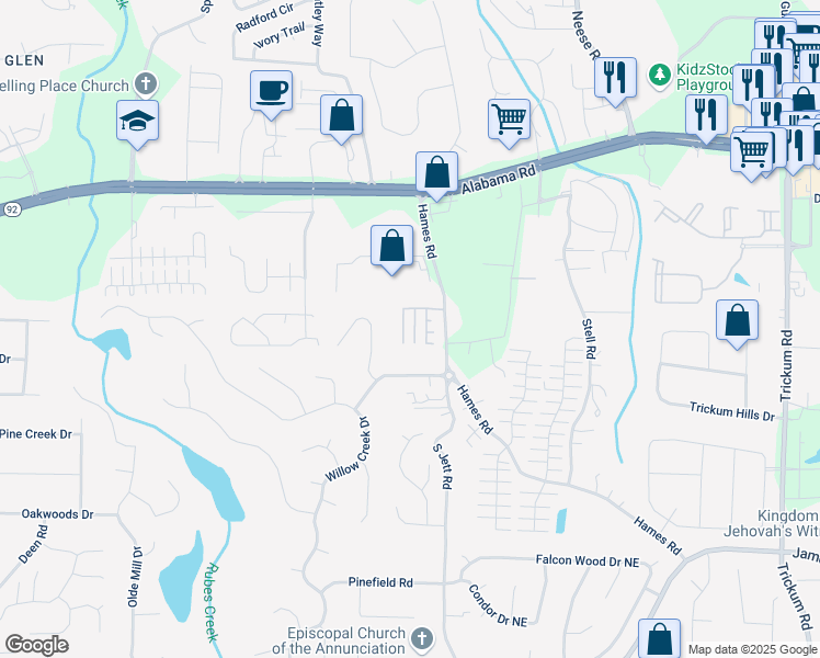 map of restaurants, bars, coffee shops, grocery stores, and more near 226 Hames Road in Woodstock