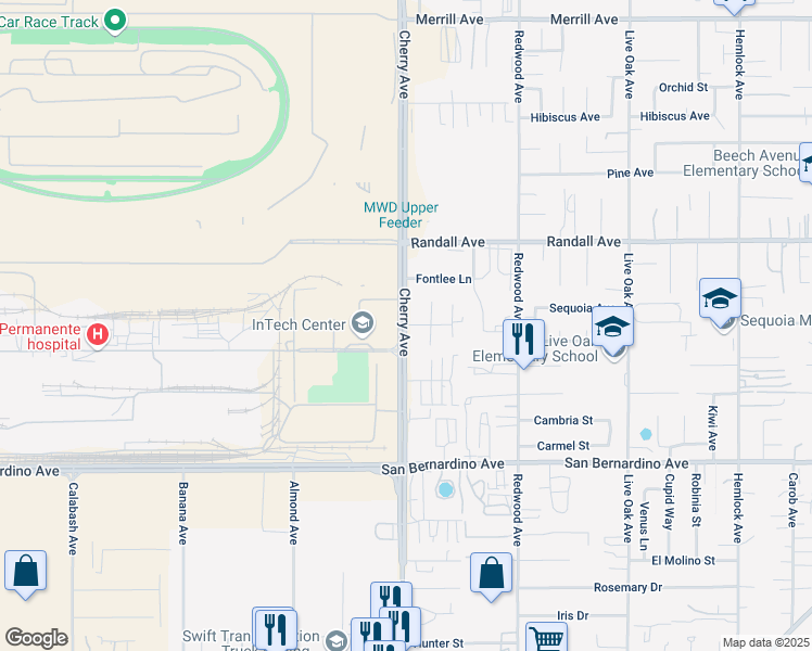 map of restaurants, bars, coffee shops, grocery stores, and more near 7770 Hawthorne Avenue in Fontana