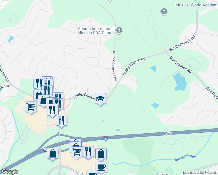 map of restaurants, bars, coffee shops, grocery stores, and more near 2699 Ogden Trail in Buford