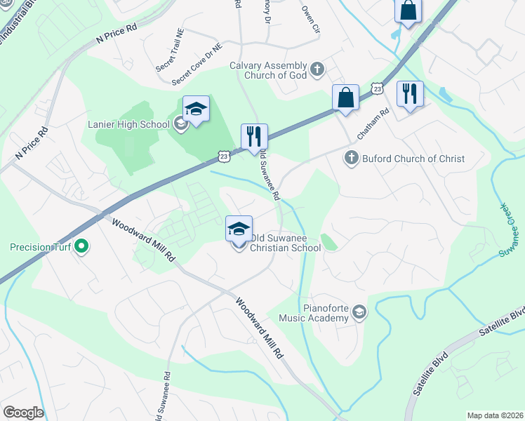 map of restaurants, bars, coffee shops, grocery stores, and more near 968 Suwanee Brook Lane in Buford