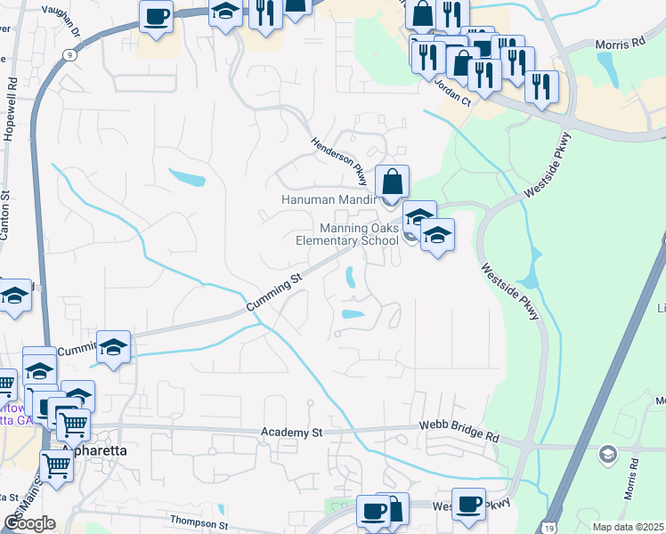 map of restaurants, bars, coffee shops, grocery stores, and more near 103 Sterling Court in Alpharetta