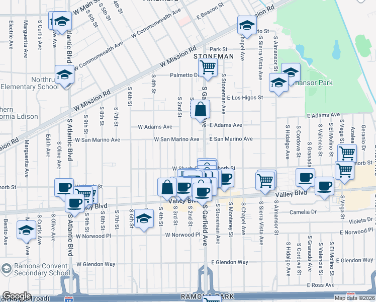 map of restaurants, bars, coffee shops, grocery stores, and more near 2 North 2nd Street in Alhambra