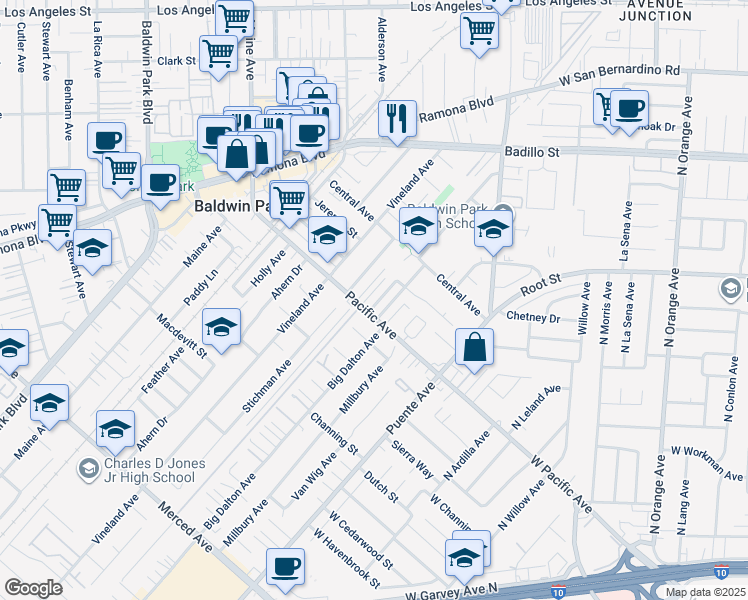 map of restaurants, bars, coffee shops, grocery stores, and more near 3815 Dundry Avenue in Baldwin Park