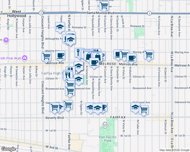 map of restaurants, bars, coffee shops, grocery stores, and more near 545 North Spaulding Avenue in Los Angeles