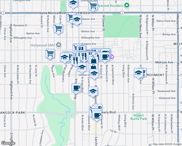 map of restaurants, bars, coffee shops, grocery stores, and more near in Los Angeles