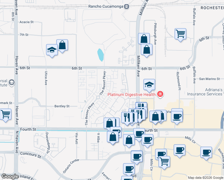 map of restaurants, bars, coffee shops, grocery stores, and more near 9463 Retreat Place in Rancho Cucamonga