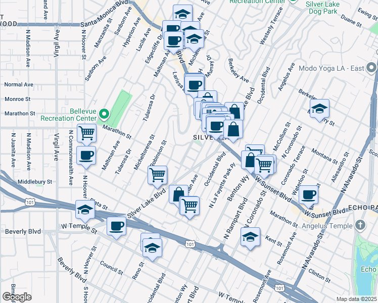map of restaurants, bars, coffee shops, grocery stores, and more near 838 North Vendome Street in Los Angeles