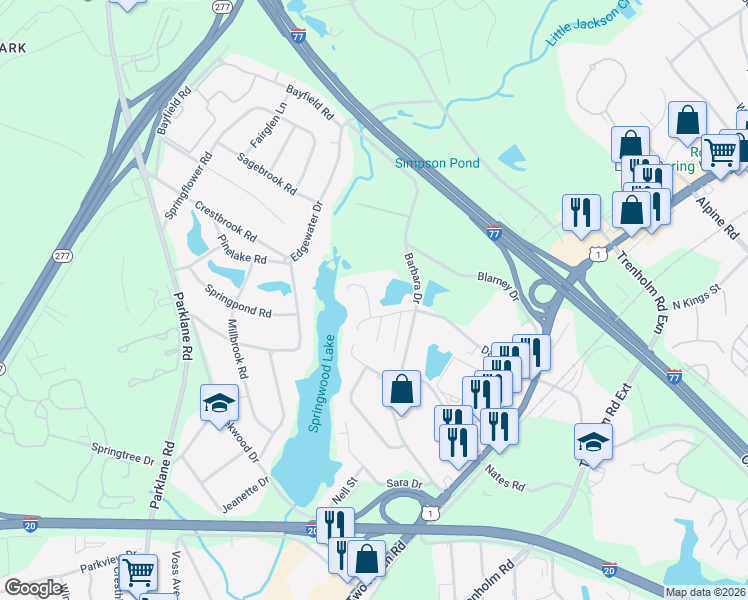map of restaurants, bars, coffee shops, grocery stores, and more near 108 Springwood Lake Point in Columbia