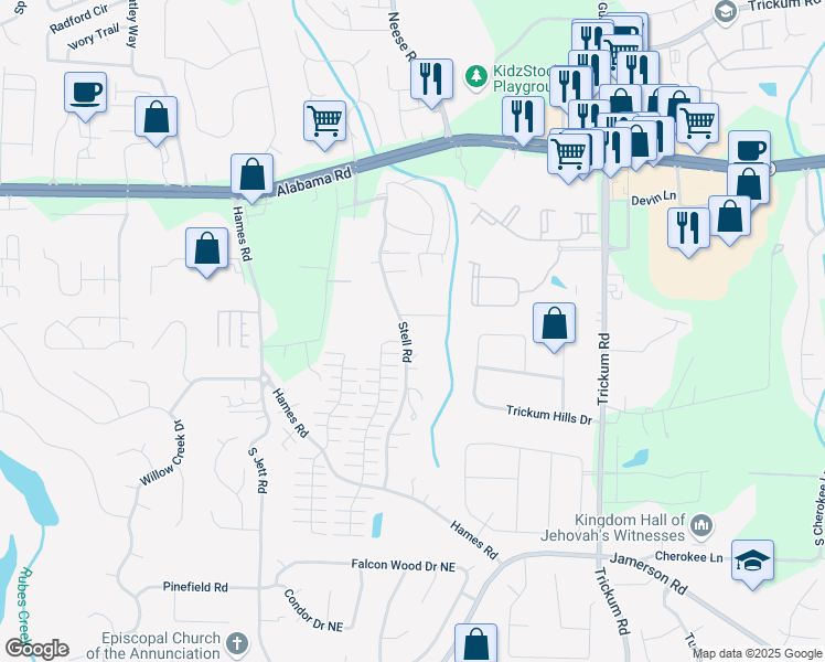 map of restaurants, bars, coffee shops, grocery stores, and more near 522 Stell Road in Woodstock