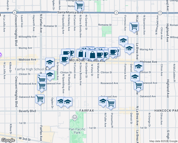 map of restaurants, bars, coffee shops, grocery stores, and more near 7471 Clinton Street in Los Angeles