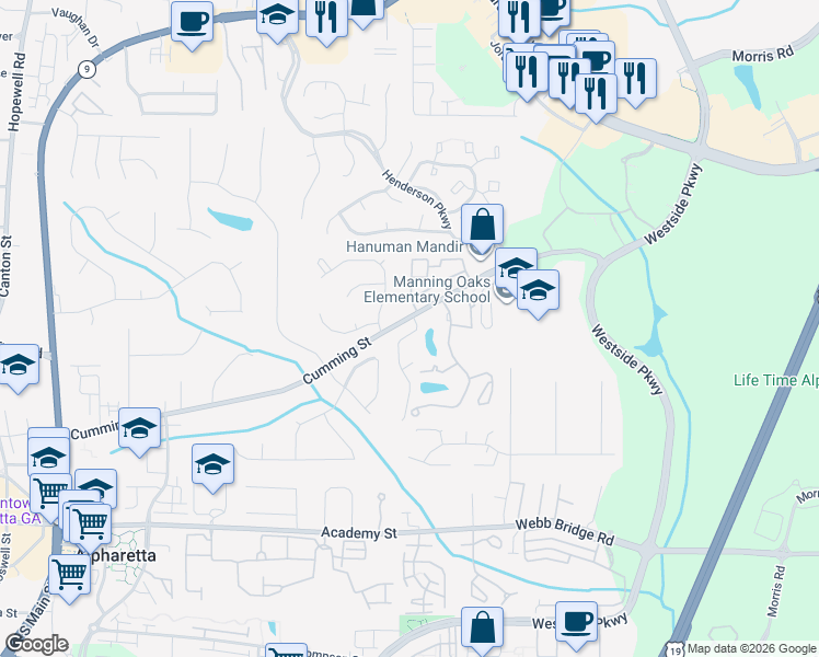 map of restaurants, bars, coffee shops, grocery stores, and more near 110 Sterling Court in Alpharetta