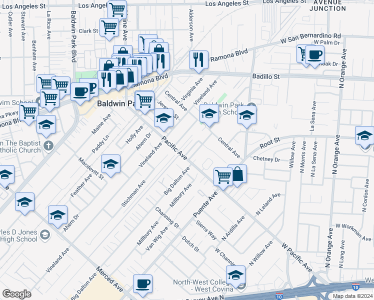 map of restaurants, bars, coffee shops, grocery stores, and more near 3815 Dundry Avenue in Baldwin Park