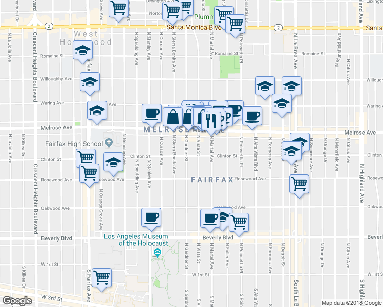 map of restaurants, bars, coffee shops, grocery stores, and more near 7471 Clinton Street in Los Angeles