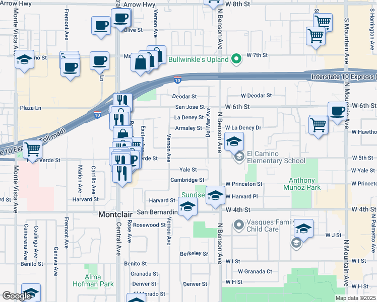 map of restaurants, bars, coffee shops, grocery stores, and more near 5573 Bonnie Brae Street in Montclair