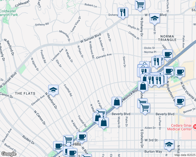 map of restaurants, bars, coffee shops, grocery stores, and more near 611 North Hillcrest Road in Beverly Hills