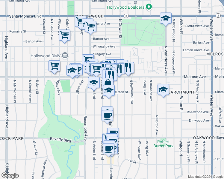 map of restaurants, bars, coffee shops, grocery stores, and more near 606 North Larchmont Boulevard in Los Angeles