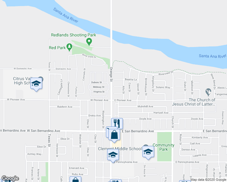 map of restaurants, bars, coffee shops, grocery stores, and more near 7 Waters Court in Redlands