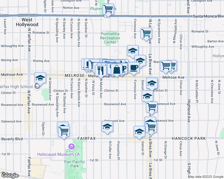 map of restaurants, bars, coffee shops, grocery stores, and more near 602 North Fuller Avenue in Los Angeles