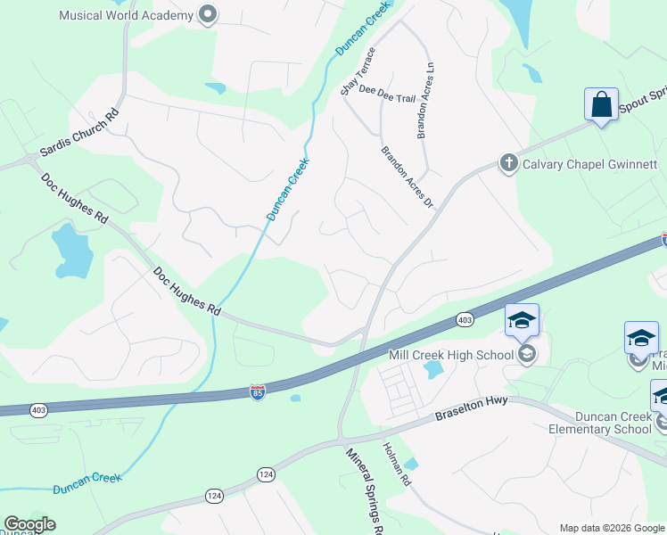 map of restaurants, bars, coffee shops, grocery stores, and more near 4096 Water Mill Drive in Buford