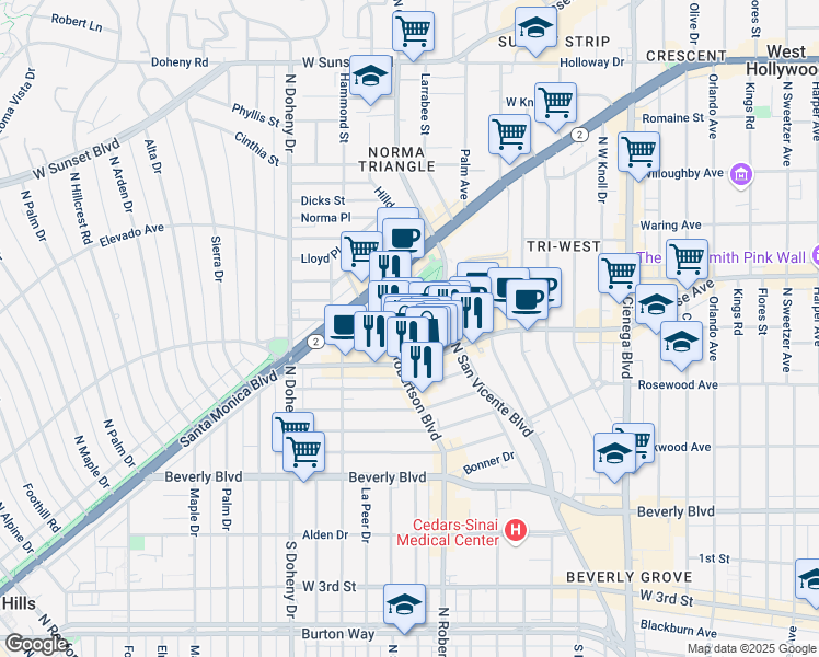 map of restaurants, bars, coffee shops, grocery stores, and more near 8739 Melrose Avenue in West Hollywood