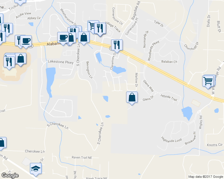 map of restaurants, bars, coffee shops, grocery stores, and more near 230 Claremore Drive in Woodstock