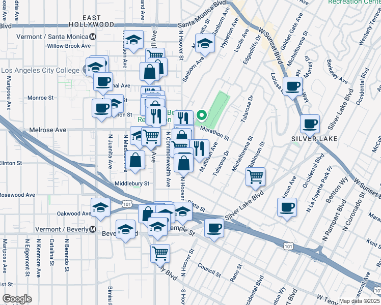 map of restaurants, bars, coffee shops, grocery stores, and more near 647 Imogen Avenue in Los Angeles