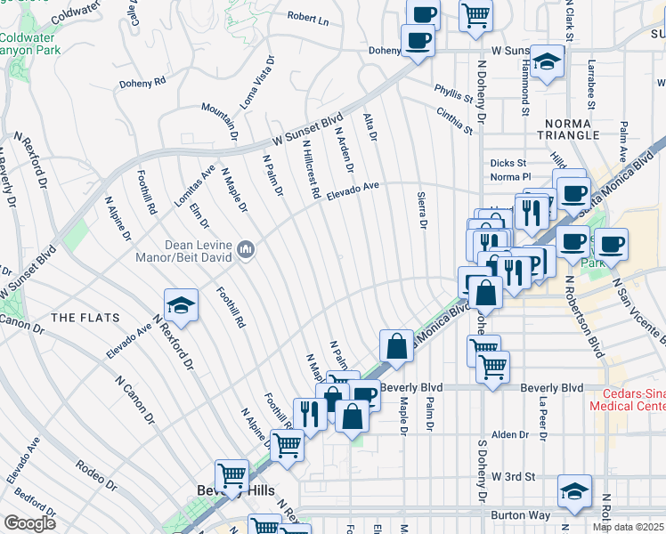 map of restaurants, bars, coffee shops, grocery stores, and more near 611 North Hillcrest Road in Beverly Hills