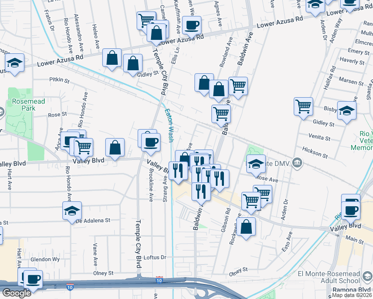map of restaurants, bars, coffee shops, grocery stores, and more near 4017 1/2 Rowland Avenue in El Monte