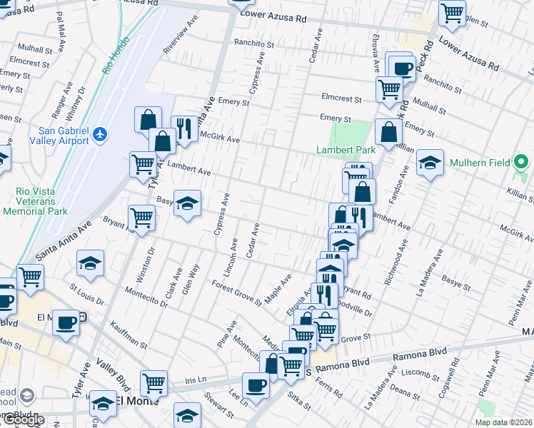map of restaurants, bars, coffee shops, grocery stores, and more near 11312 Frankmont Street in El Monte