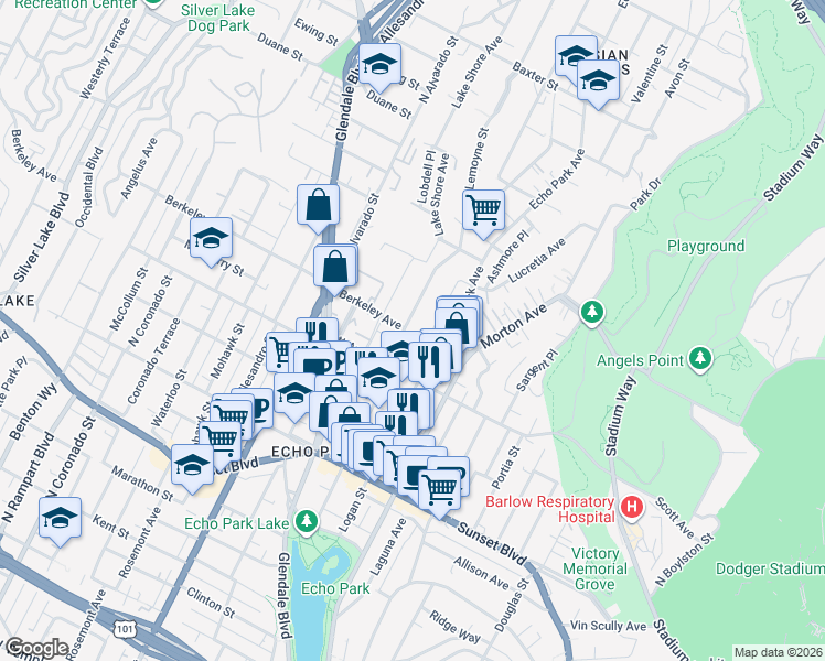 map of restaurants, bars, coffee shops, grocery stores, and more near 1548 Lemoyne Street in Los Angeles
