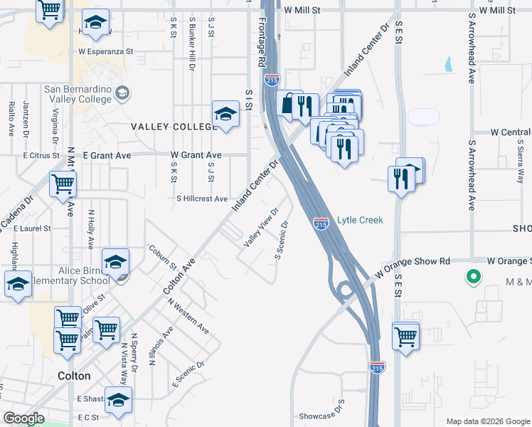 map of restaurants, bars, coffee shops, grocery stores, and more near 1056 Scenic Drive in San Bernardino