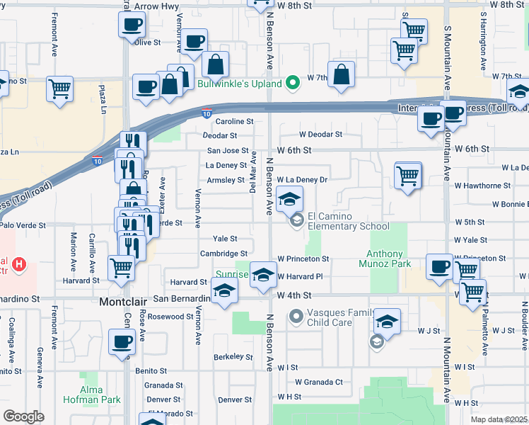 map of restaurants, bars, coffee shops, grocery stores, and more near 1302 North Benson Avenue in Ontario