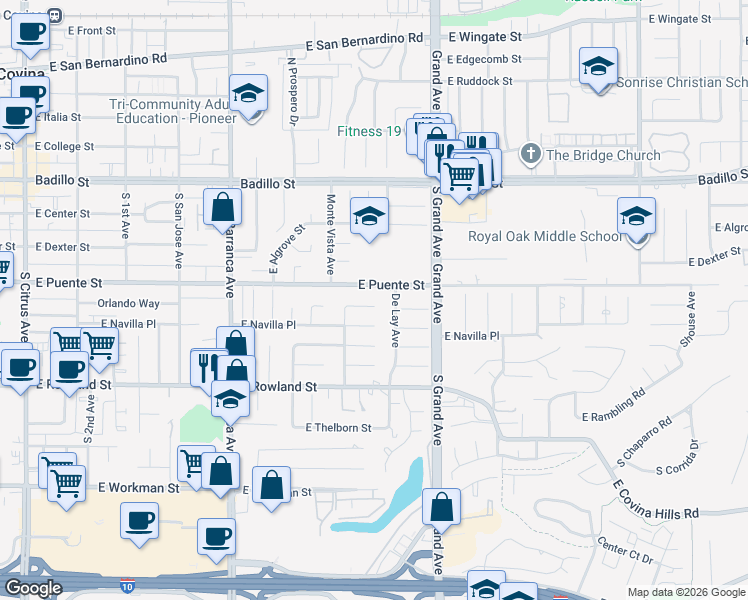 map of restaurants, bars, coffee shops, grocery stores, and more near 3621 De Lay Avenue in Covina