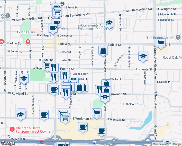 map of restaurants, bars, coffee shops, grocery stores, and more near 436 South San Jose Avenue in Covina