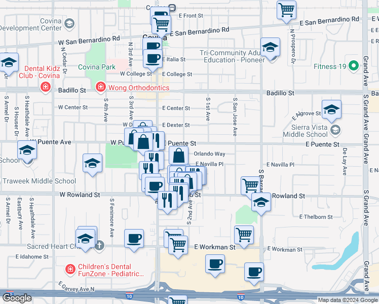 map of restaurants, bars, coffee shops, grocery stores, and more near 450 South 2nd Avenue in Covina