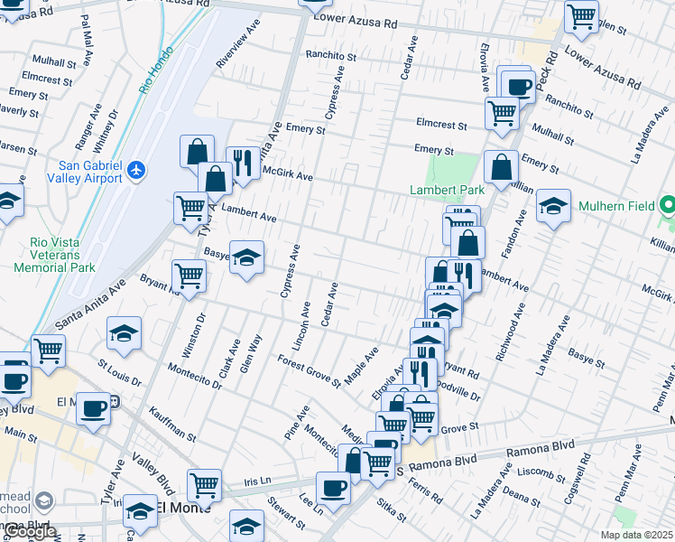 map of restaurants, bars, coffee shops, grocery stores, and more near 11313 Basye Street in El Monte